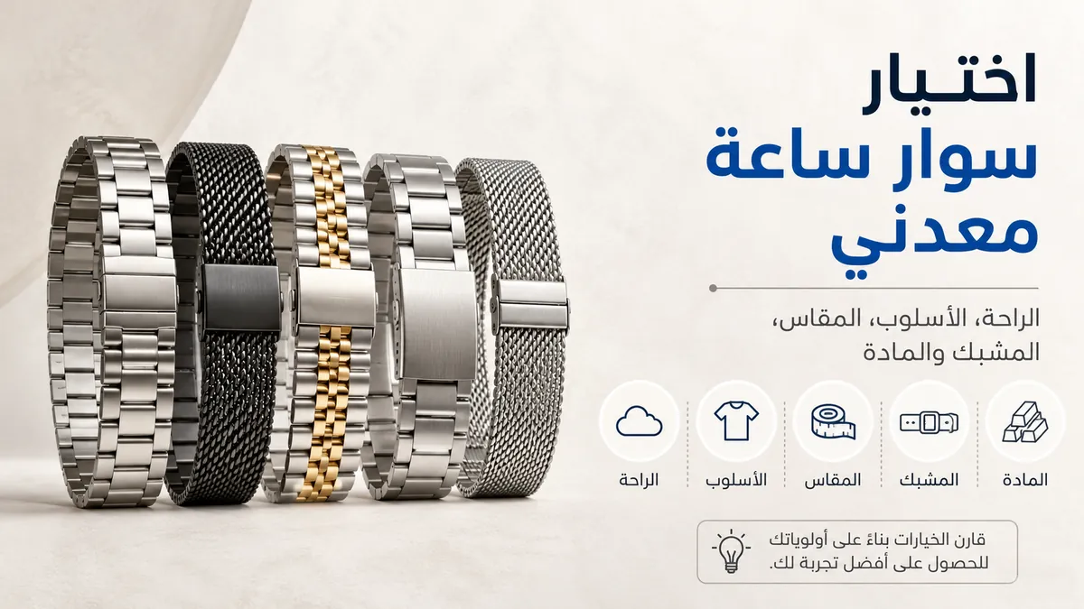 اختيار سوار ساعة معدني حسب الراحة والأسلوب والمقاس والمشبك والمادة