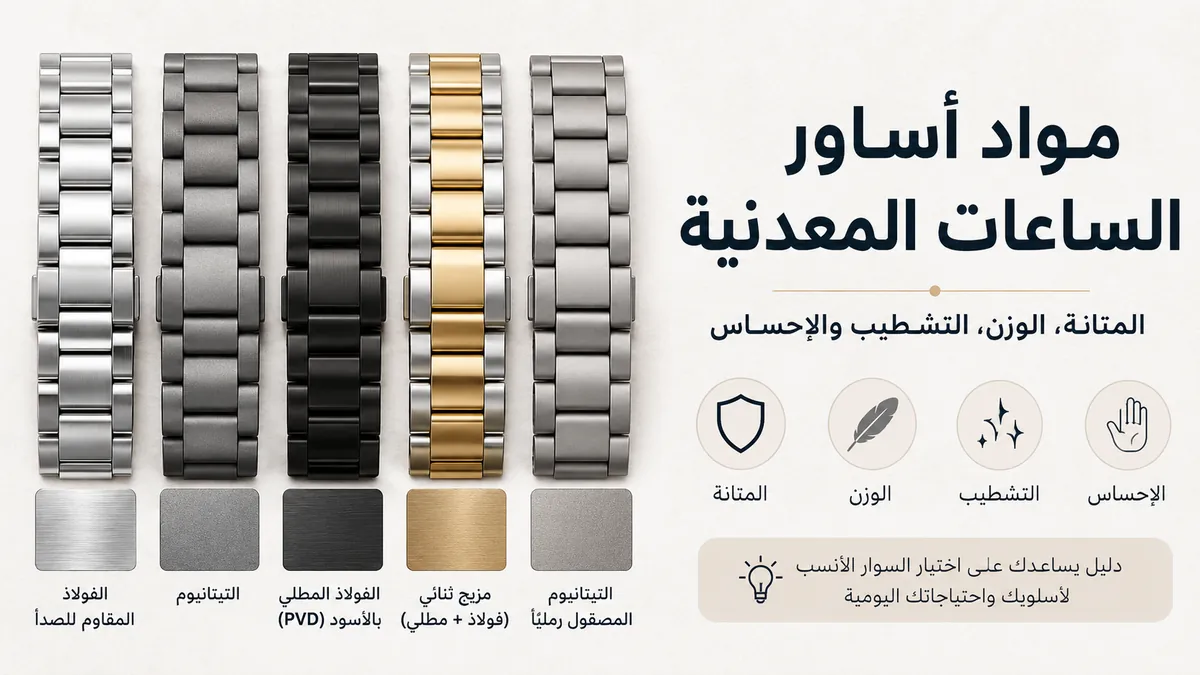 مواد أساور الساعات المعدنية مقارنة حسب المتانة والوزن والتشطيب والإحساس عند الارتداء