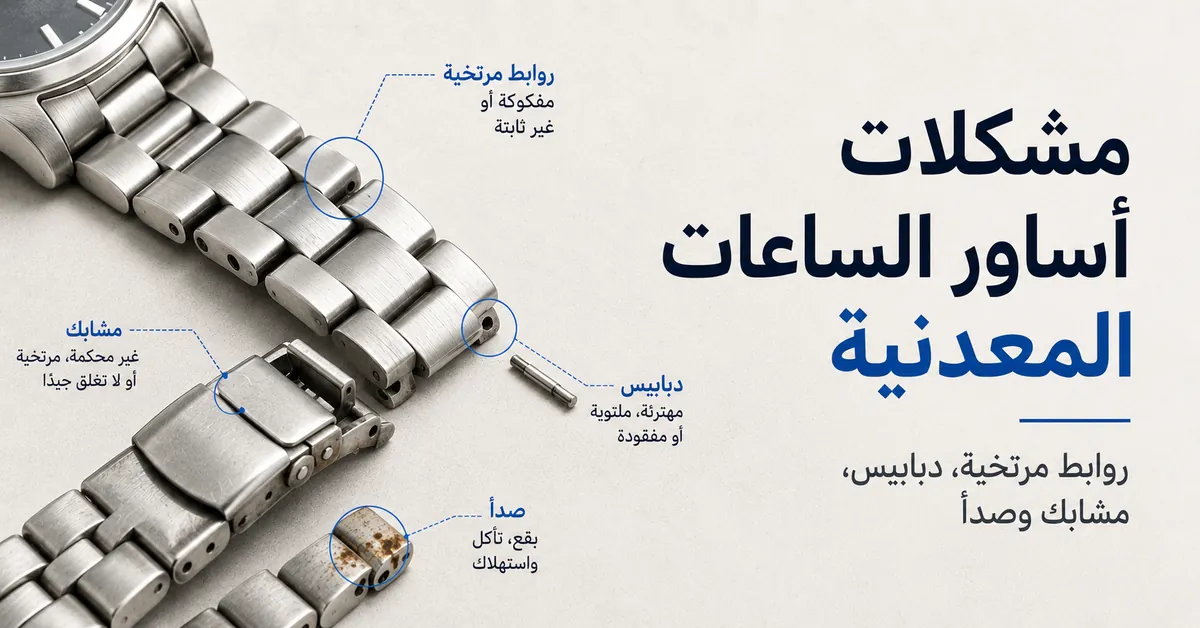 استكشاف مشكلات أساور الساعات المعدنية مثل الروابط المرتخية والدبابيس ومشكلات المشبك وبقع الصدأ