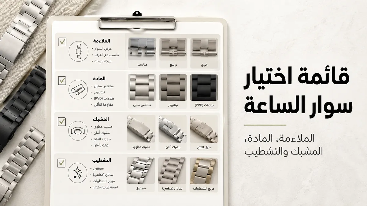قائمة شراء سوار ساعة معدني تشمل الملاءمة والمادة والمشبك وخيارات التشطيب