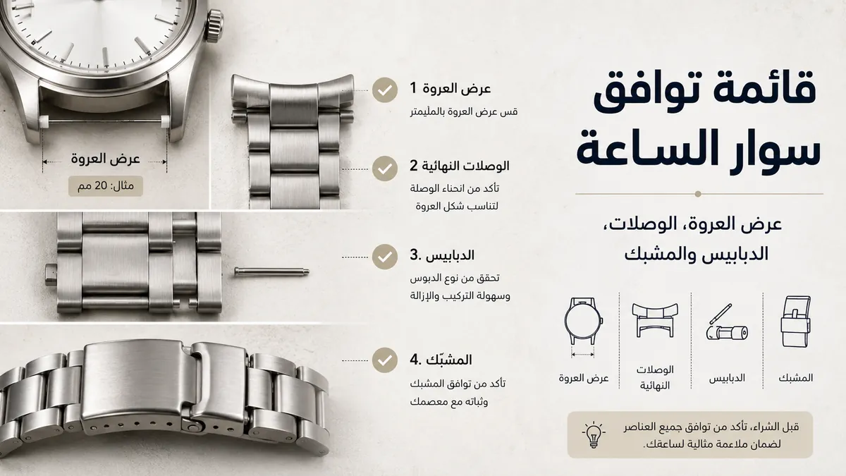 فحص توافق سوار ساعة معدني مع عرض العروة والوصلات الطرفية والدبابيس وملاءمة المشبك