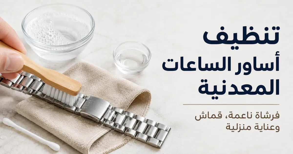 تنظيف سوار ساعة معدني بفرشاة ناعمة وقطعة قماش وأدوات عناية منزلية آمنة