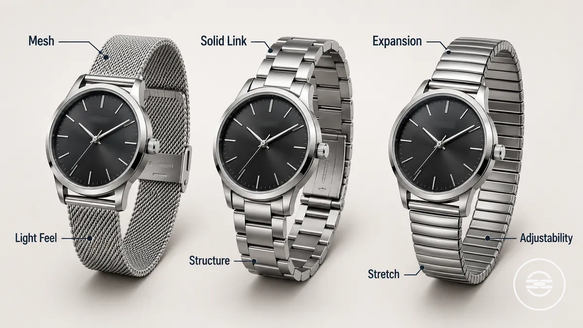 Vergleich von Mesh-, Glieder- und Dehnband-Metallarmbändern