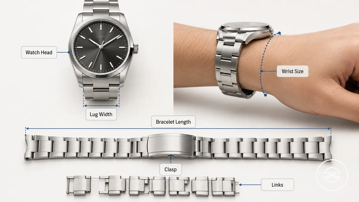 Diagramm, das die Maße zur Größenbestimmung eines Metallarmbands zeigt