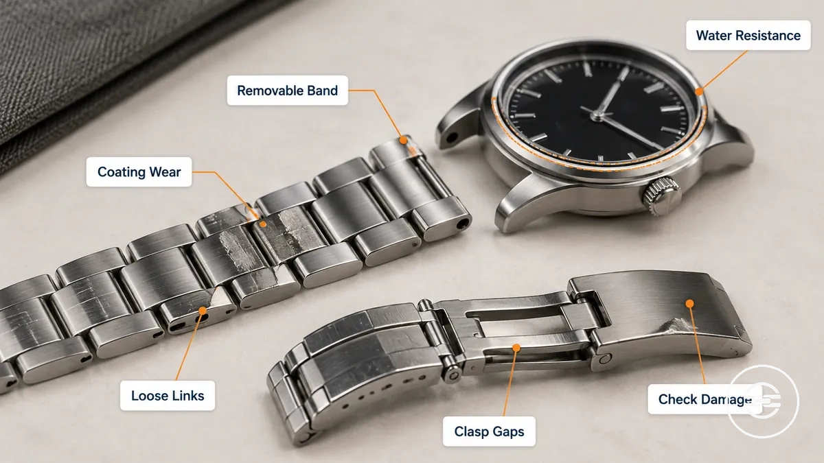 Ein Metallarmband und Uhrengehäuse vor dem Waschen prüfen
