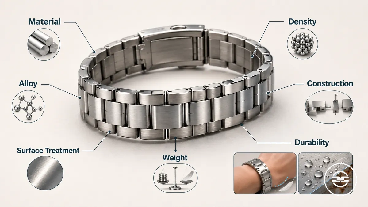 Beschriftetes Metallarmband, das Material, Konstruktion, Oberflächenbehandlung und Gewichtsfaktoren zeigt