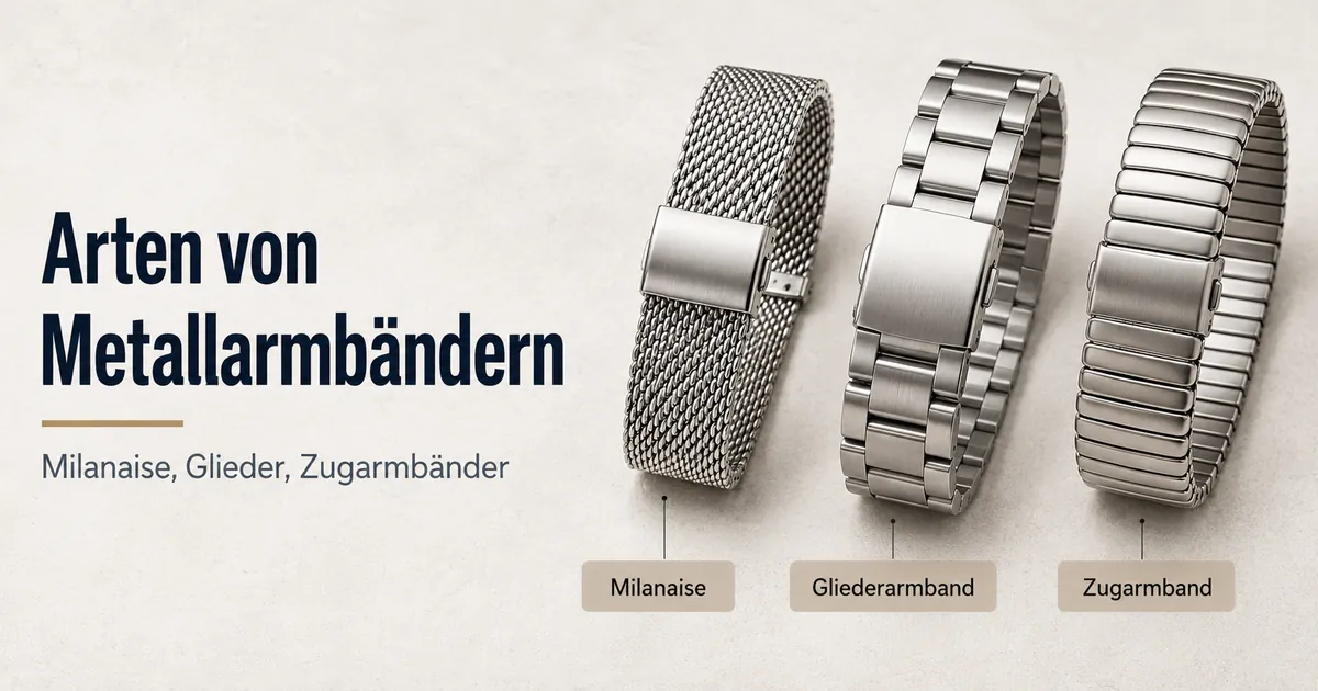 Verschiedene Arten von Metallarmbändern für Uhren, darunter Milanaise, Gliederarmband und Zugarmband