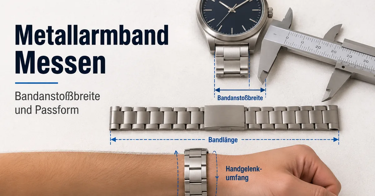 Messung eines Metallarmbands nach Bandanstoßbreite, Bandlänge und Passform am Handgelenk