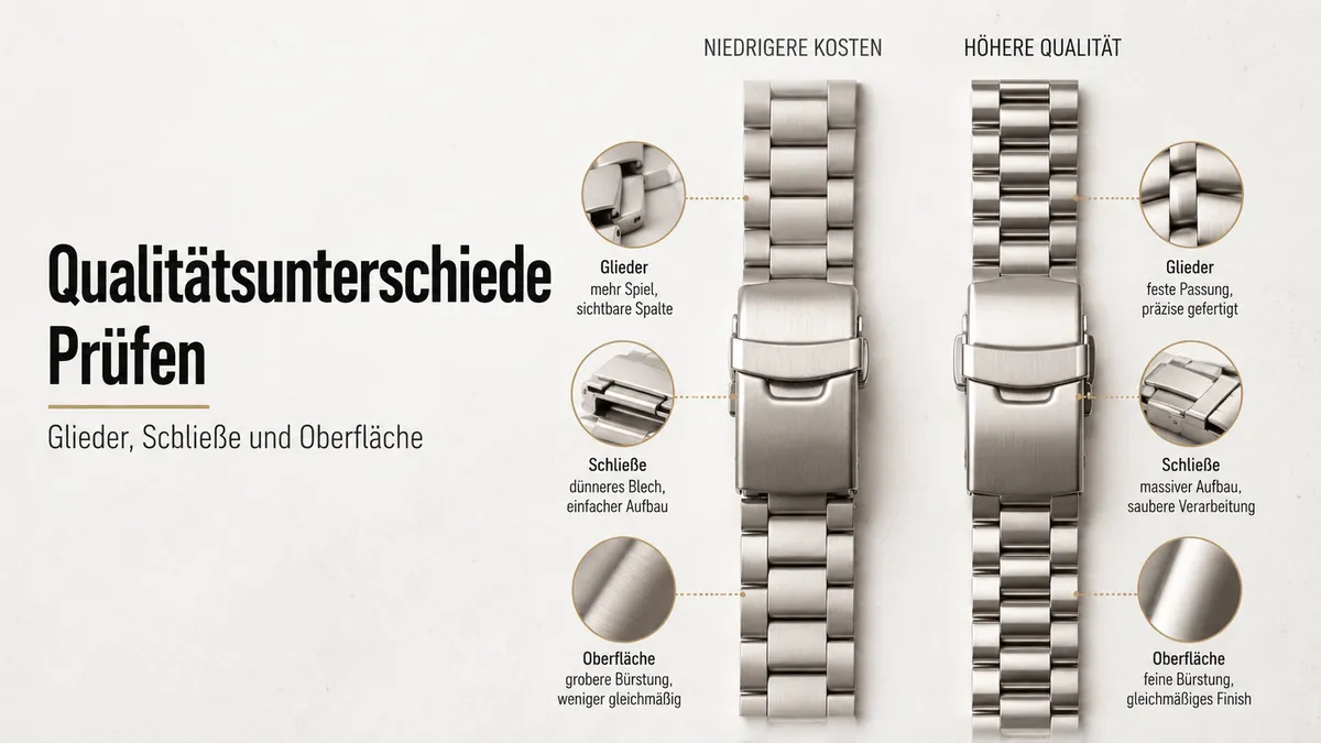 Günstige und Premium-Metallarmbänder im Vergleich nach Gliedern, Schließenqualität und Oberfläche