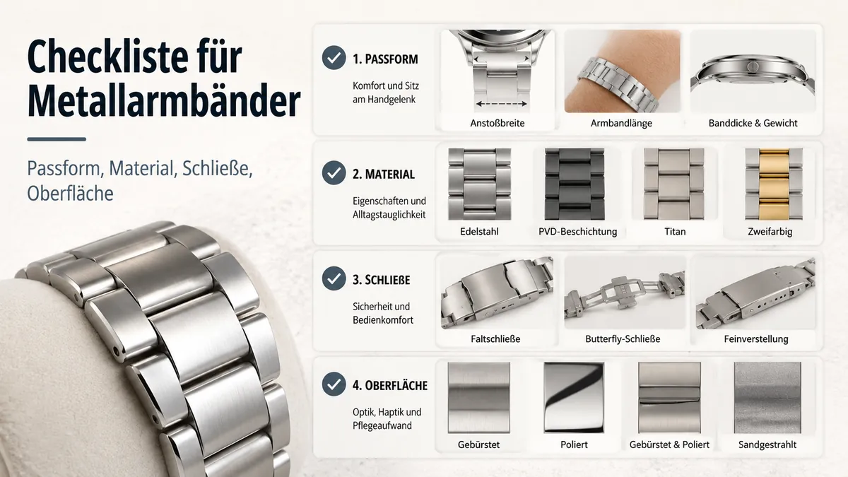 Kaufliste für Metallarmbänder mit Passform, Material, Schließe und Oberflächenauswahl