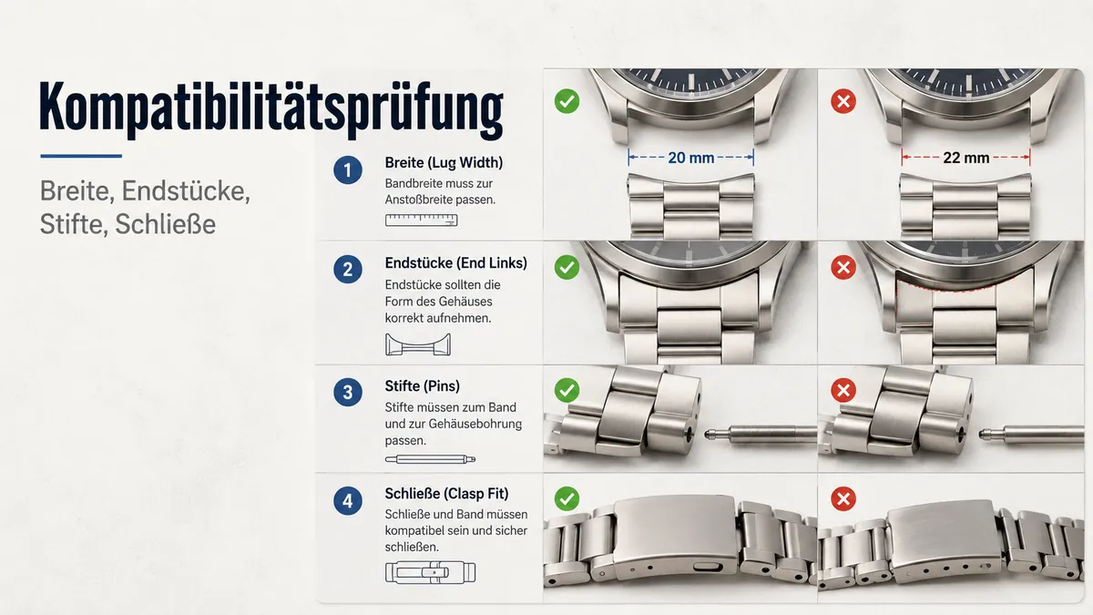 Kompatibilitätsprüfung eines Metallarmbands mit Bandanstoßbreite, Endstücken, Stiften und Schließenpassform