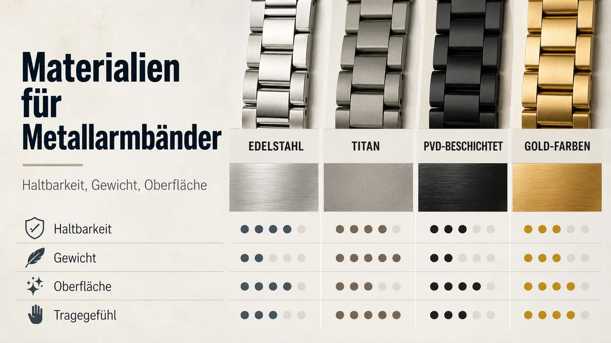Materialien für Metallarmbänder von Uhren im Vergleich nach Haltbarkeit, Gewicht, Oberfläche und Tragegefühl