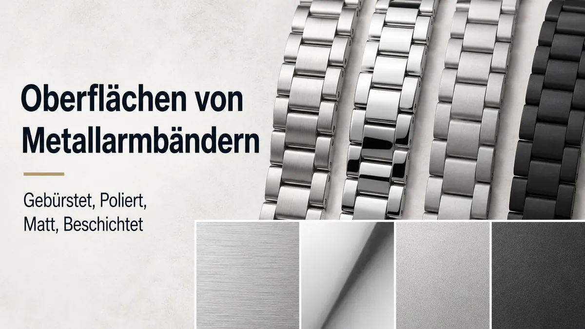 Oberflächen von Metallarmbändern für Uhren, darunter gebürstet, poliert, matt und beschichtet