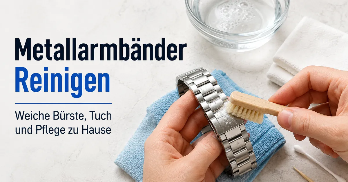 Reinigung eines Metallarmbands mit weicher Bürste, Tuch und sicheren Pflegehilfen für zu Hause