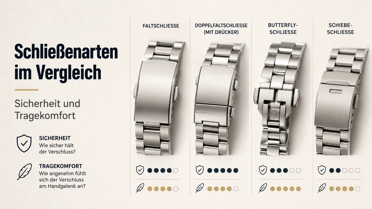 Schließenarten für Metallarmbänder von Uhren im Vergleich nach Sicherheit und Tragekomfort am Handgelenk