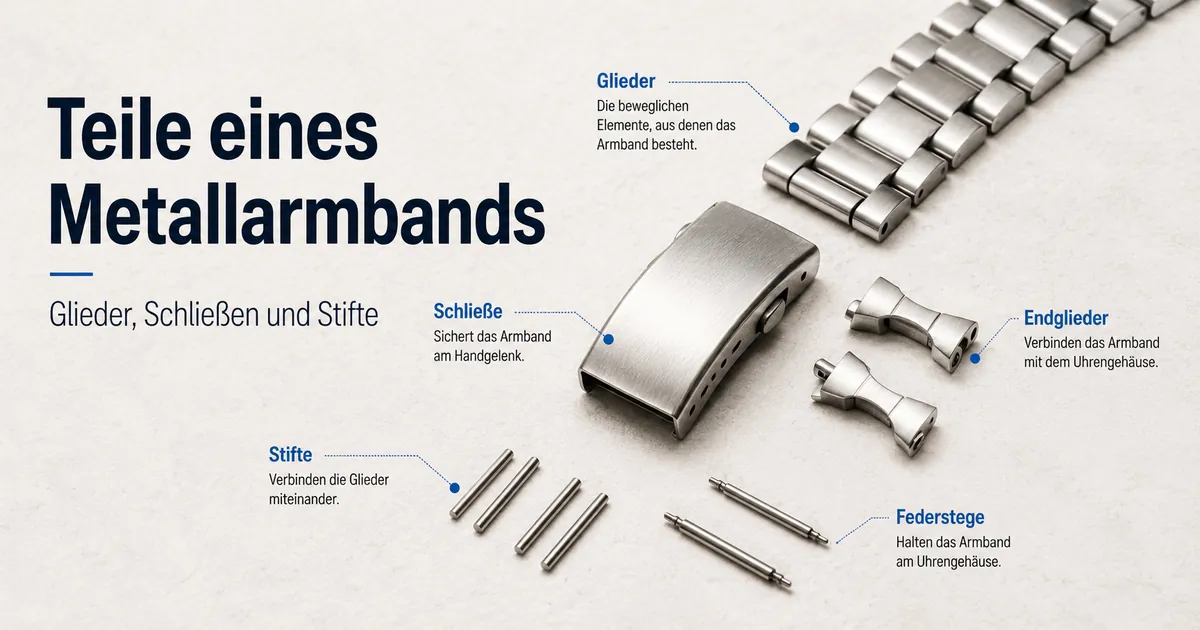 Teile eines Metallarmbands für Uhren mit Gliedern, Schließe, Endstücken, Stiften und Federstegen