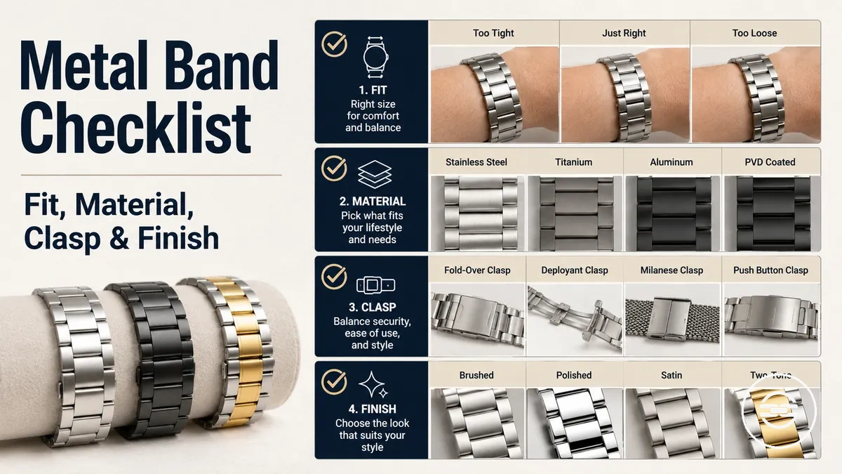 Metal watch band buying checklist covering fit, material, clasp, and finish choices