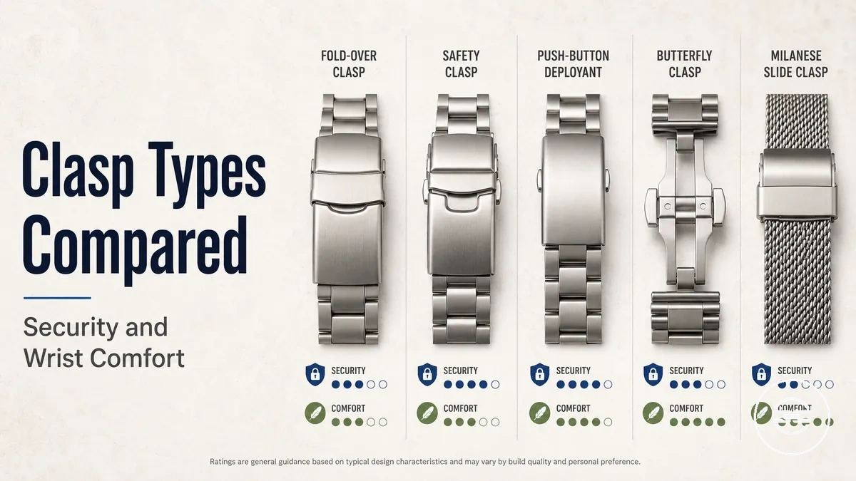 Metal watch band clasp types compared for closure security and wrist comfort
