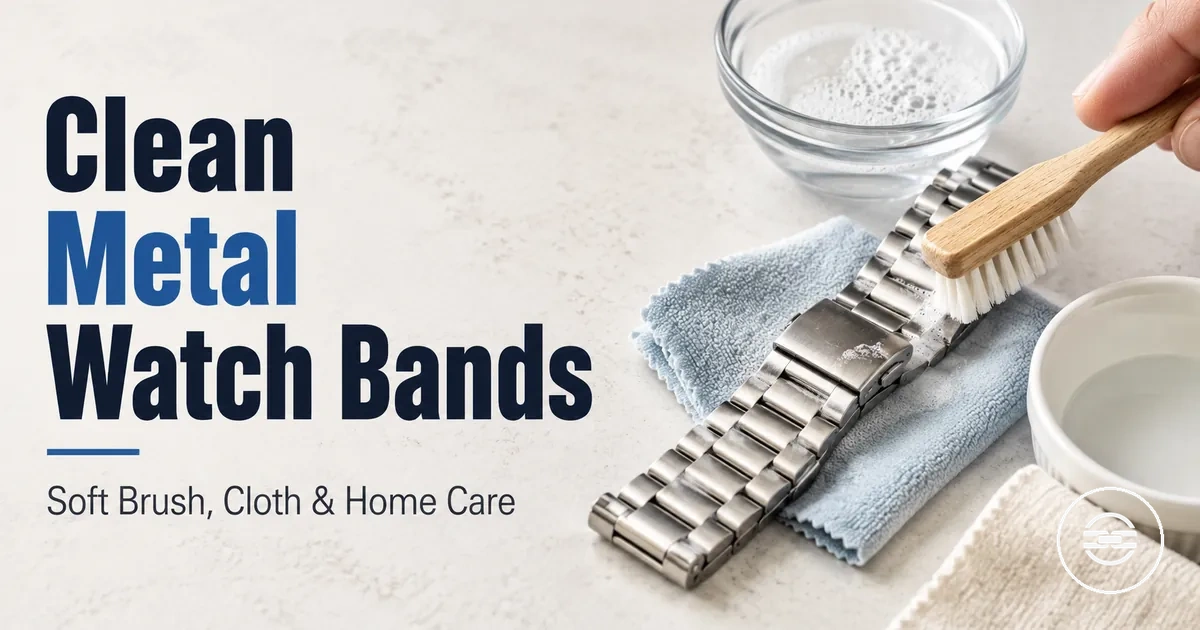 Cleaning a metal watch band with a soft brush, cloth, and safe home care tools