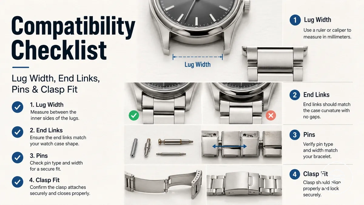Metal watch band compatibility check with lug width, end links, pins, and clasp fit