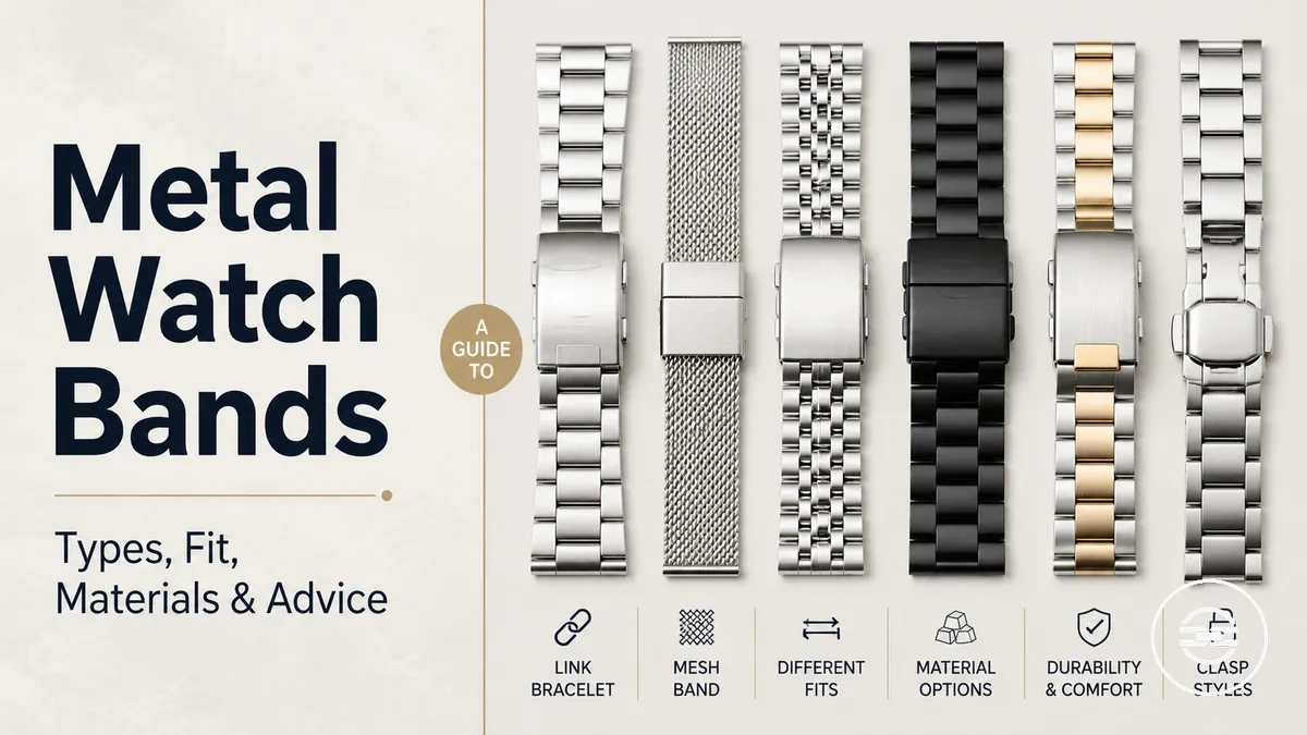 Metal watch bands showing different types, fits, materials, and clasp styles