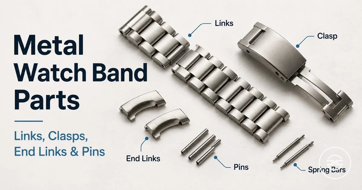 Metal watch band parts including links, clasp, end links, pins, and spring bars
