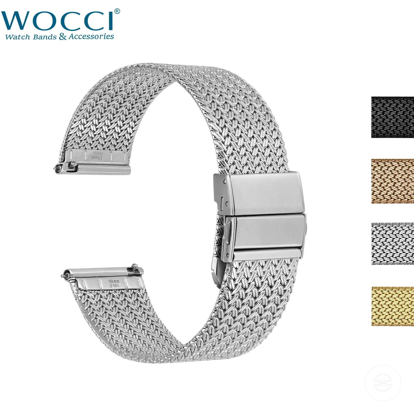 Mesh woven metal watch band with quick release and fold clasp