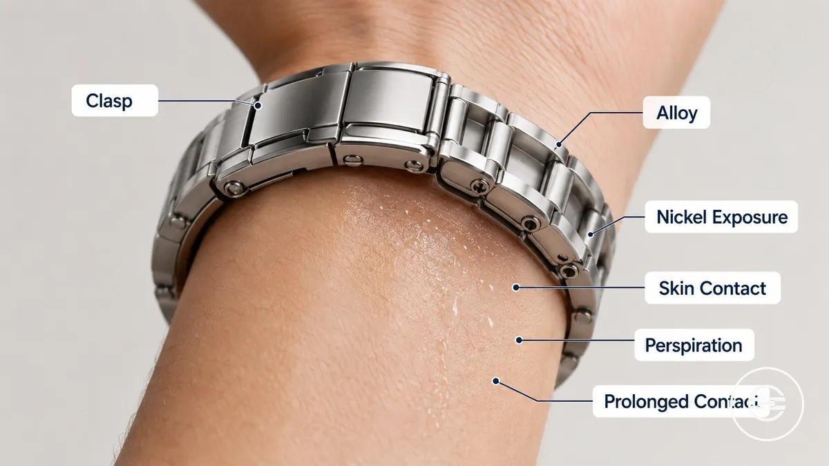 annotated metal watch clasp and underside hardware contact areas for nickel exposure risk