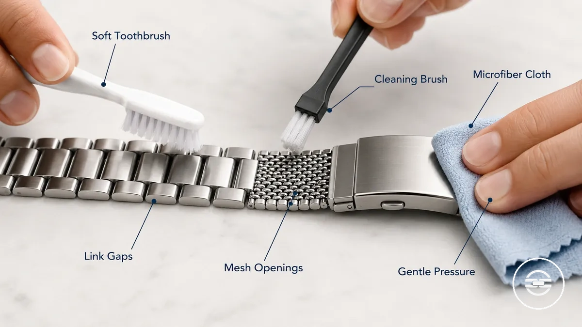 Soft toothbrush microfiber cloth and cleaning brush for a metal watch band