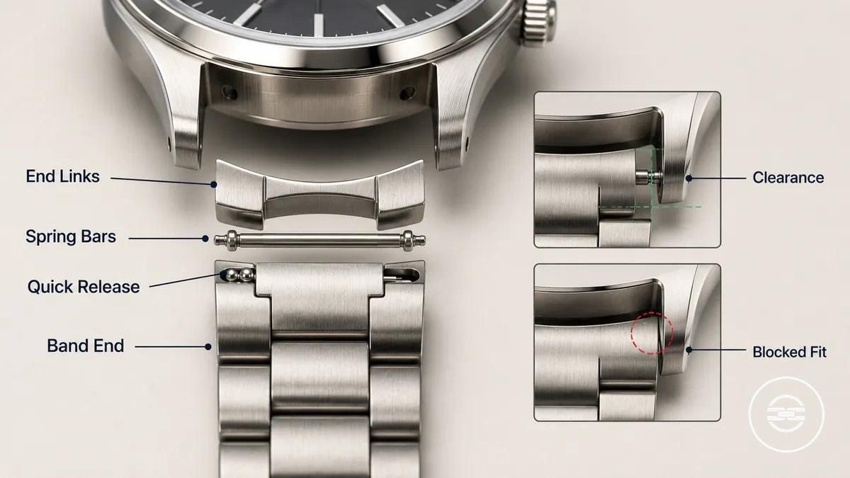 Diagram of end links, spring bars, and quick release fit for a metal watch band