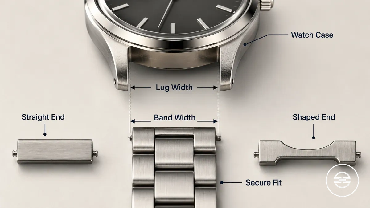 Diagram of lug width and case connection for fitting a metal watch band