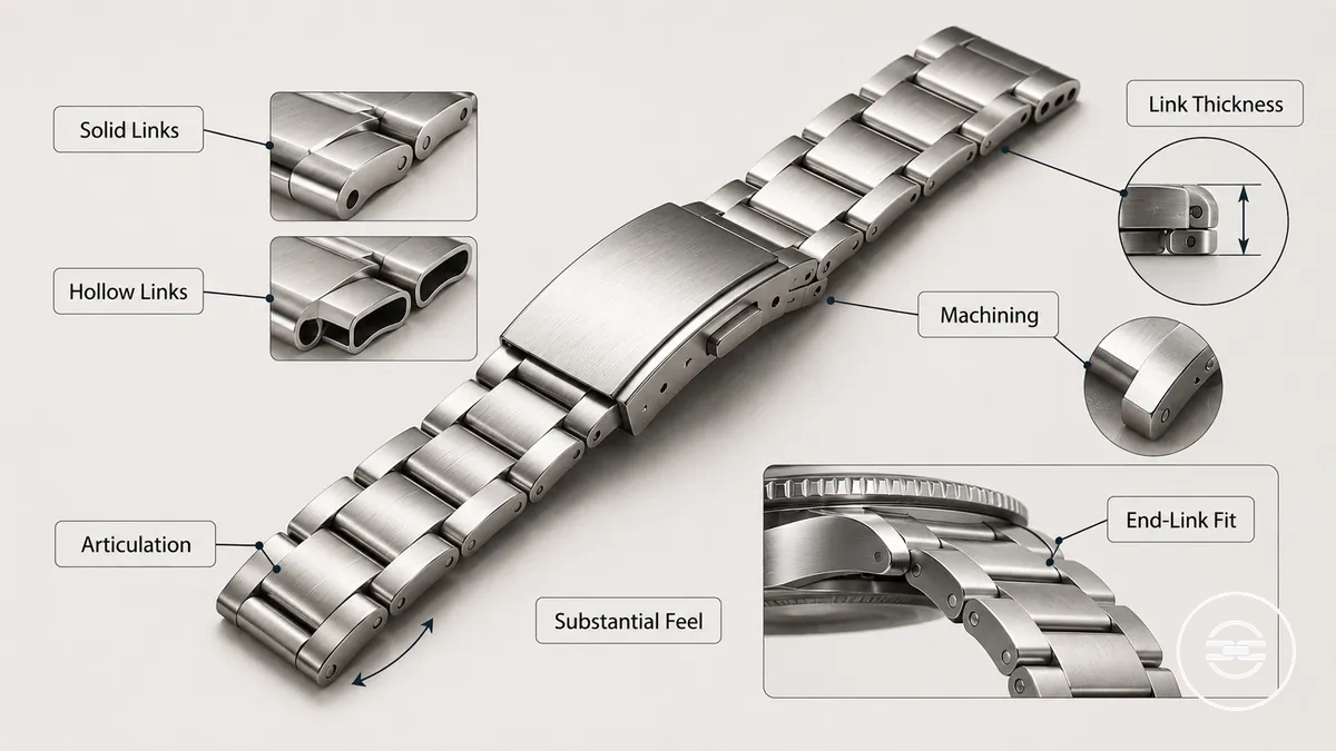 Solid stainless steel watch bracelet showing link thickness and end-link construction
