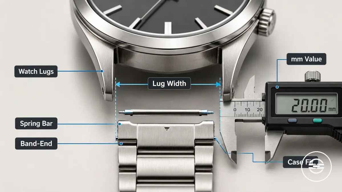Annotated watch case showing lug width and band-end fit