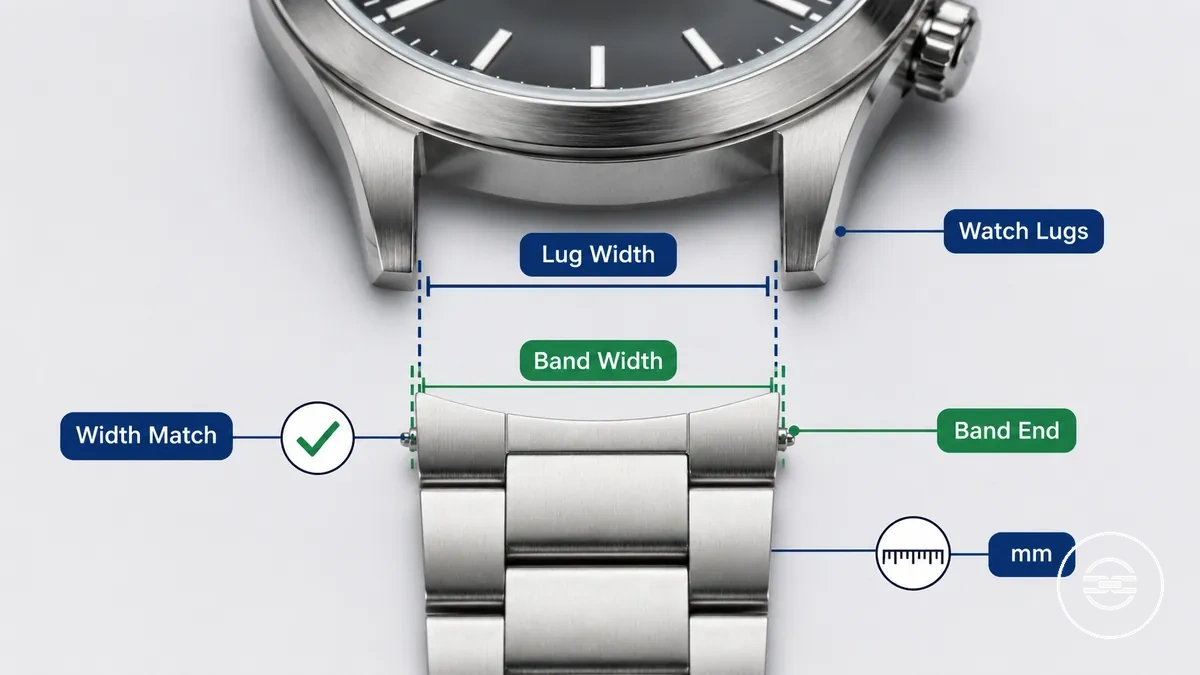 Lug width and band width match shown with measurement lines on a watch case and metal band