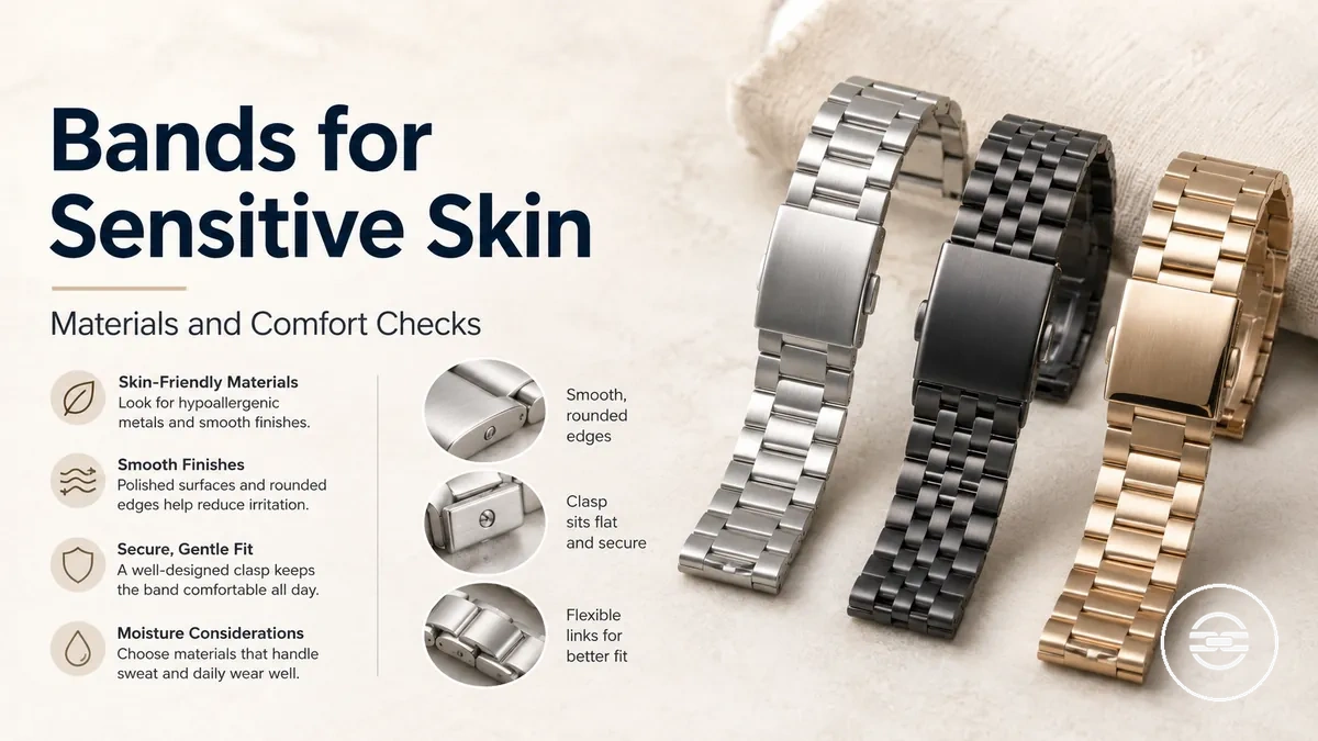 Metal watch bands for sensitive skin with smooth finish and comfortable clasp fit