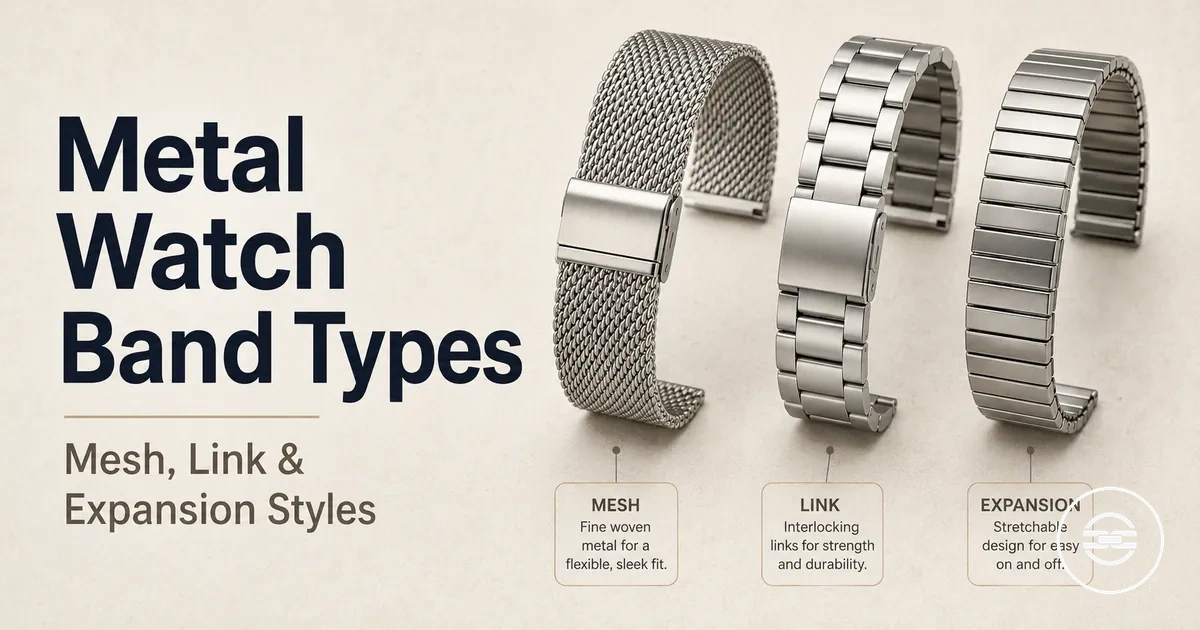 Different metal watch band types including mesh, link, and expansion styles