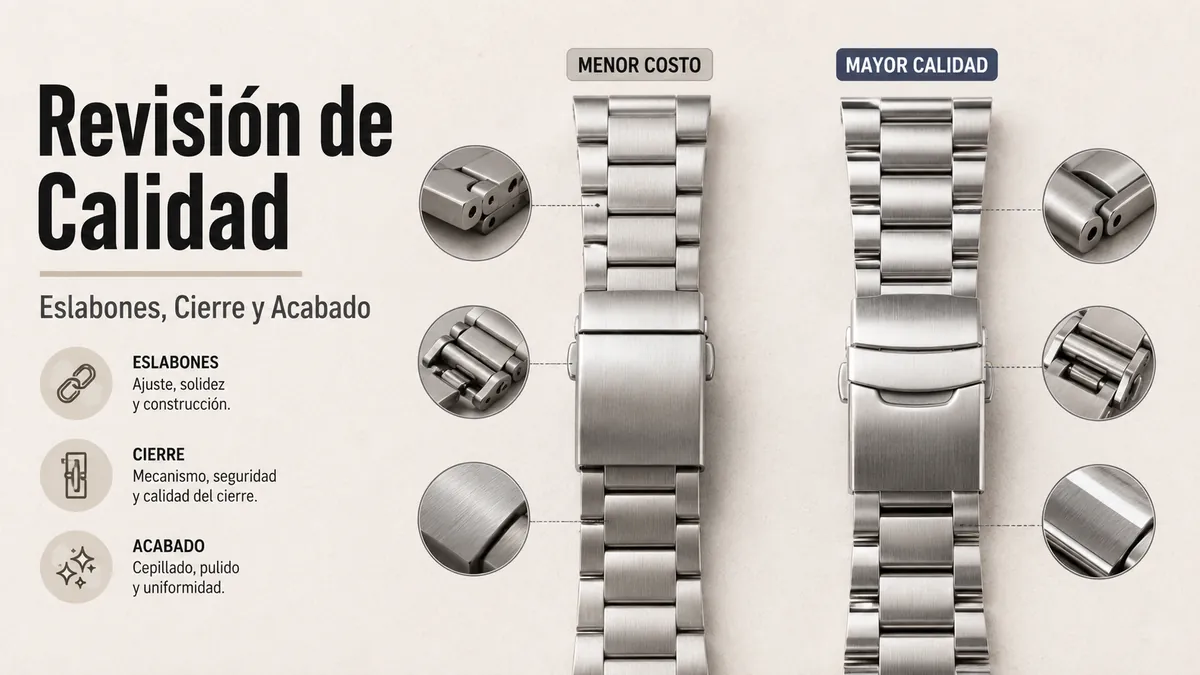 Correas metálicas para reloj baratas y premium comparadas por eslabones, calidad del cierre y acabado