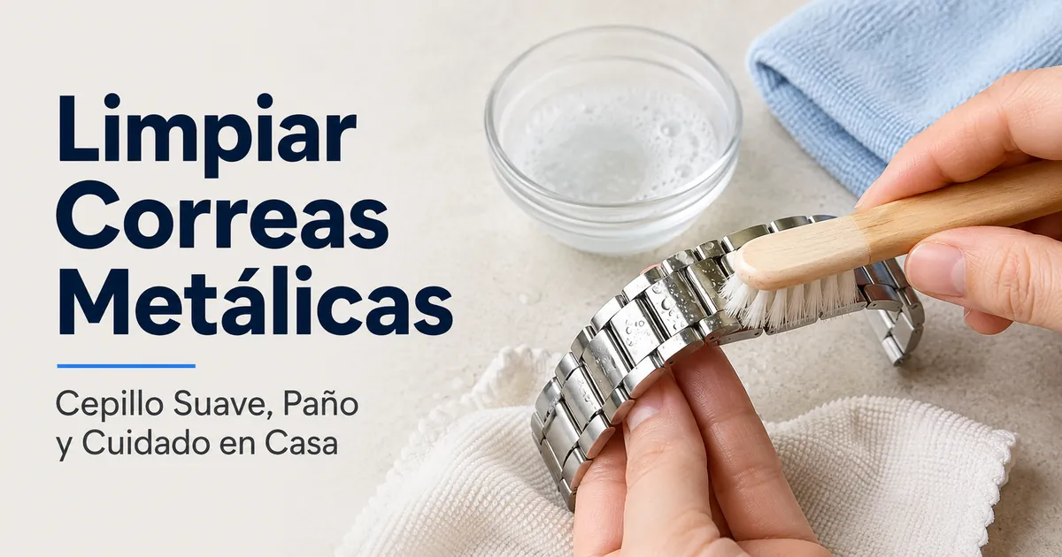 Limpieza de una correa metálica para reloj con cepillo suave, paño y útiles de cuidado en casa
