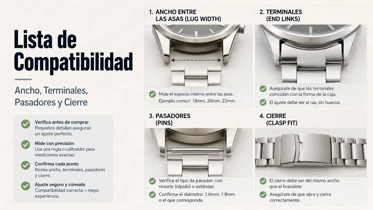 Comprobación de compatibilidad de una correa metálica para reloj con ancho entre asas, terminales, pasadores y cierre
