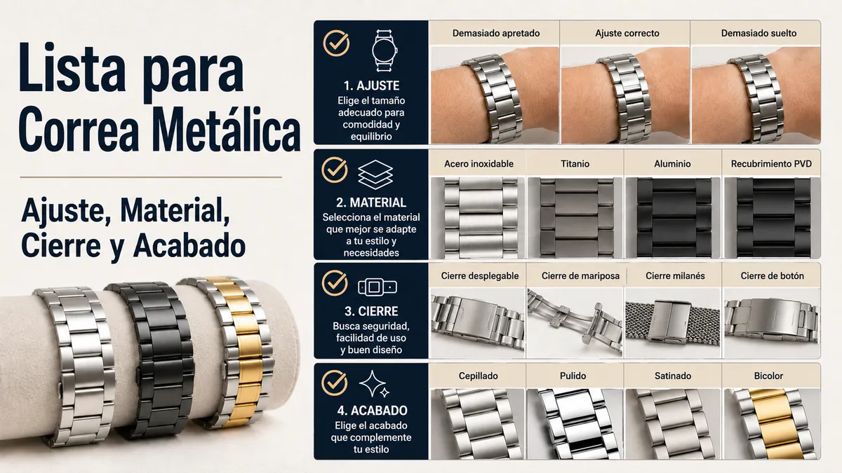 Lista de compra para una correa metálica de reloj con ajuste, material, cierre y acabado