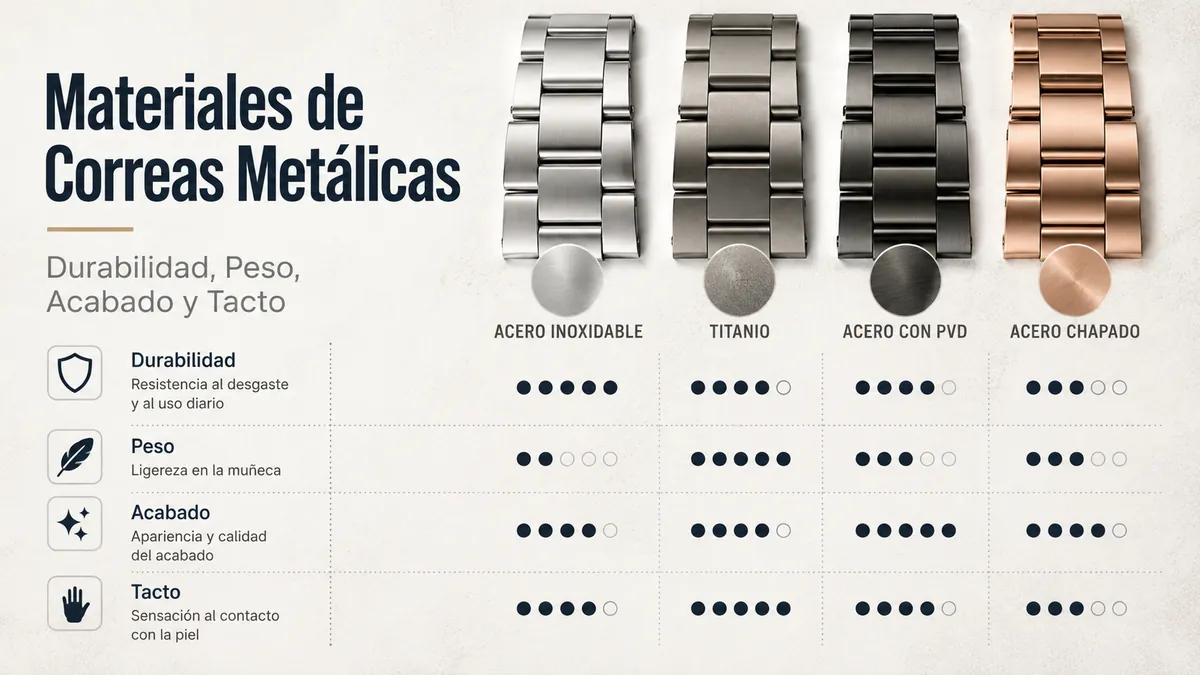 Materiales de correas metálicas para reloj comparados por durabilidad, peso, acabado y tacto