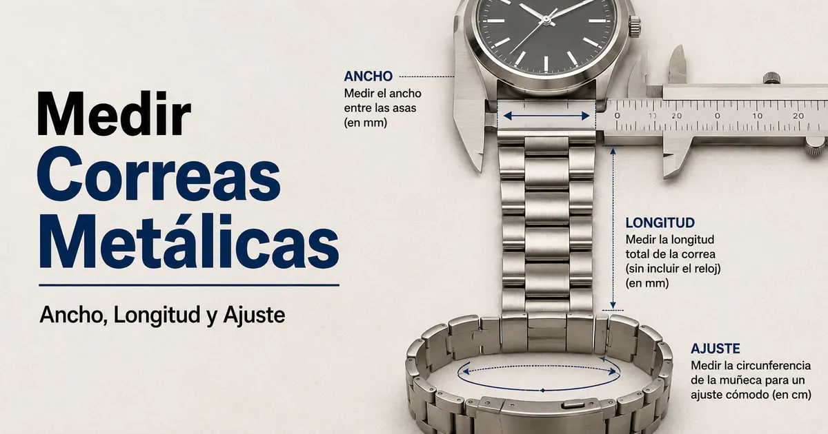 Medición de una correa metálica para reloj por ancho entre asas, longitud y ajuste de muñeca
