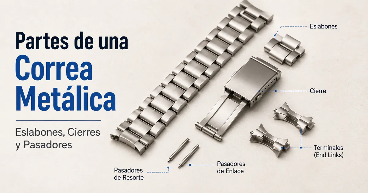 Partes de una correa metálica para reloj, con eslabones, cierre, terminales, pasadores y barras de resorte