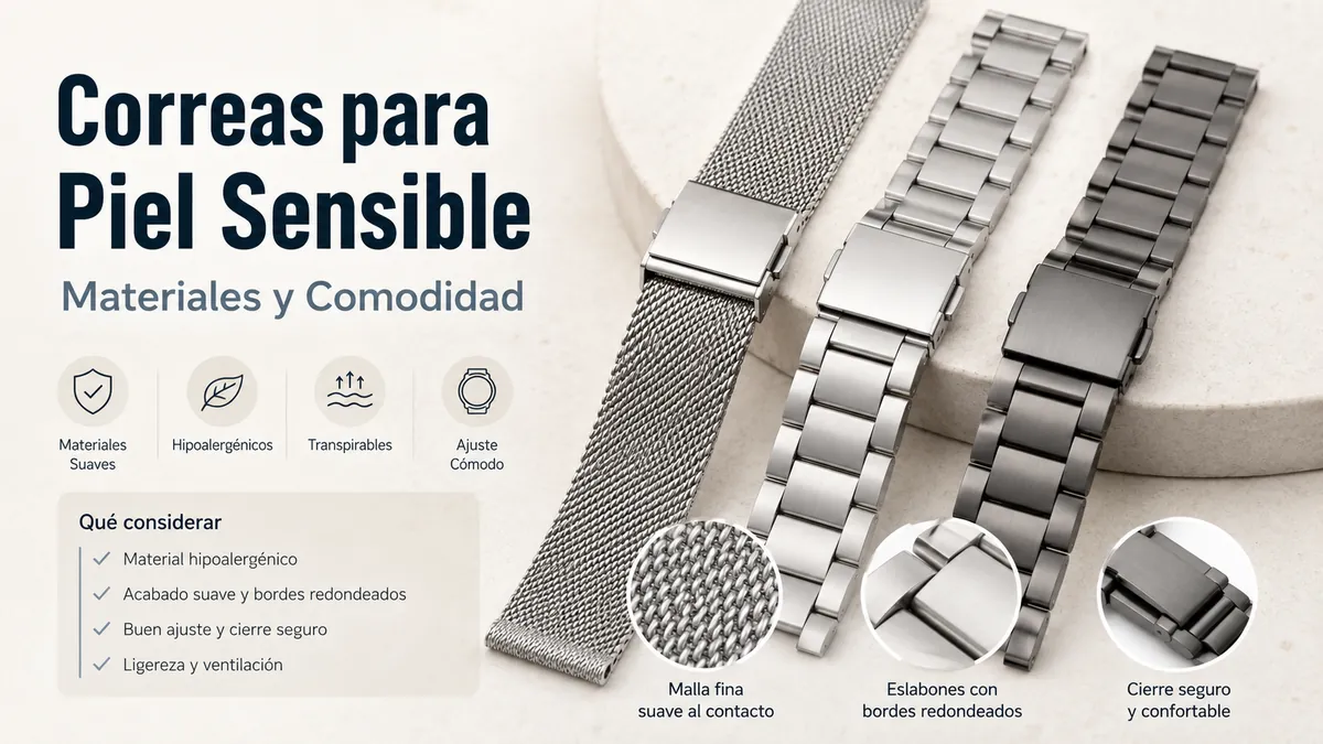 Correas metálicas para reloj pensadas para piel sensible, con acabado liso y cierre cómodo
