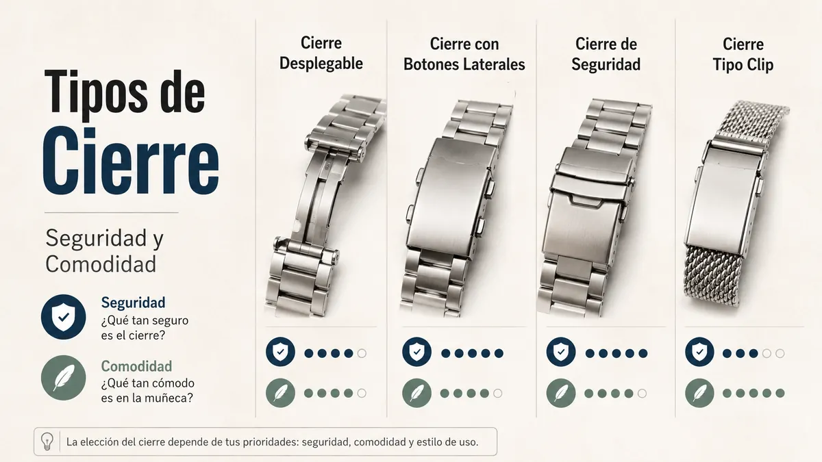 Tipos de cierre para correas metálicas para reloj comparados por seguridad y comodidad en la muñeca