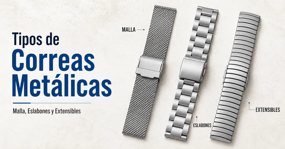 Tipos de correas metálicas para reloj, con malla, eslabones y diseños extensibles