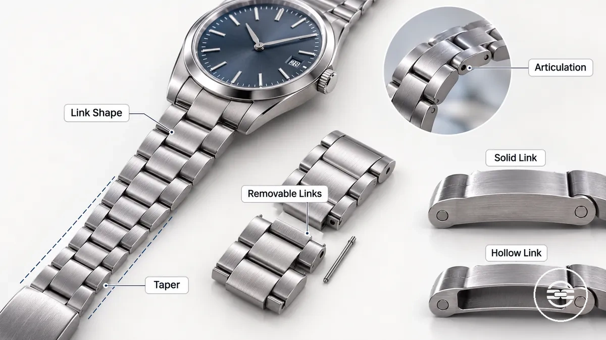 Comparaison annotée de la construction des bracelets métalliques à maillons