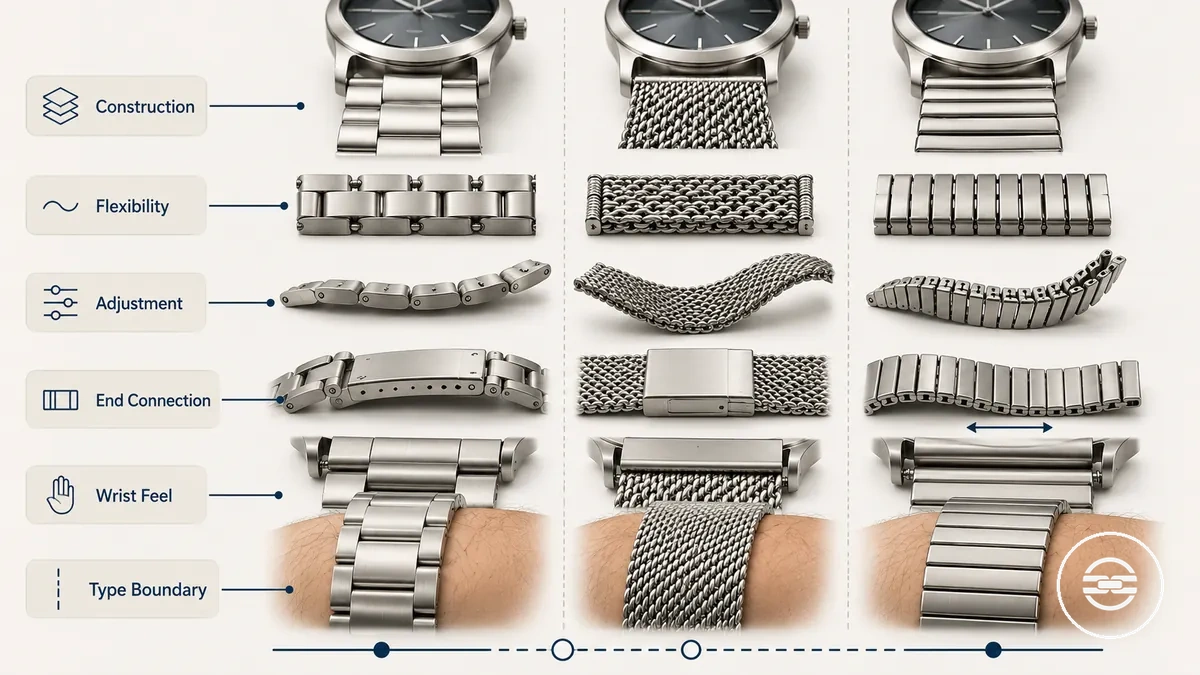 Comparaison annotée montrant les différences structurelles entre les types de bracelets métalliques pour montres