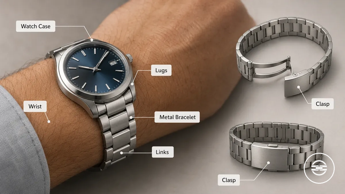 Bracelet métallique pour montre attaché à un boîtier de montre avec fermoir et maillons étiquetés.