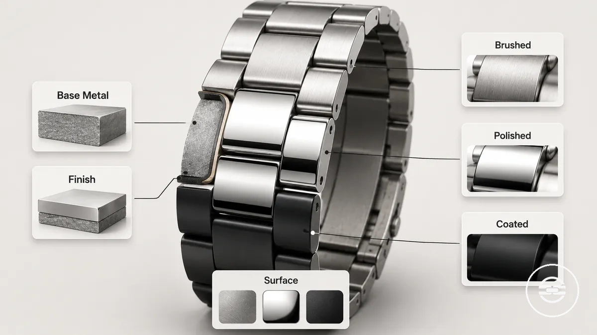 Diagramme montrant le métal de base et la finition visible sur un bracelet métallique.